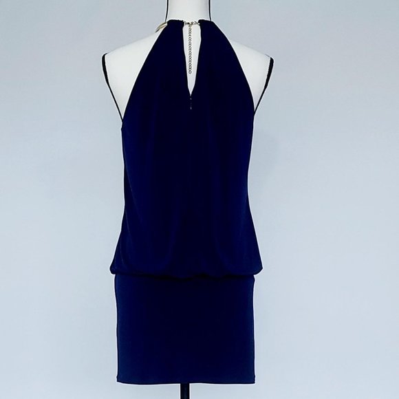 Laundry By Shelli Segal Women's Gold Chain Blouson Cocktail Dress Blue Size: 4 - Picture 8 of 11